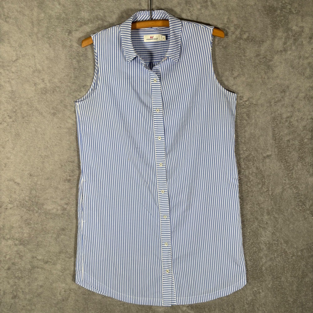 Vineyard Vines Blue White Striped Seersucker Button Front Shirt Dress Pockets 8